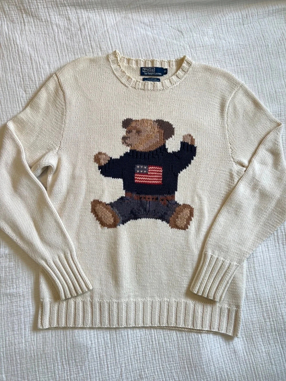 Vintage 90s Polo Ralph Lauren Hand Knit Sit Down Polo Bear USA Flag Sweater Rare